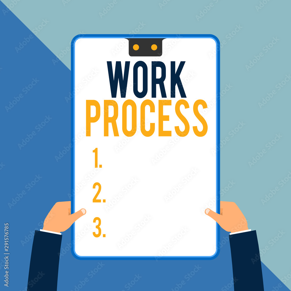 Fototapete Word writing text Work Process. Business photo showcasing Standard procedures how to handle a particular job rules system Two executive male hands holding electronic device geometrical background