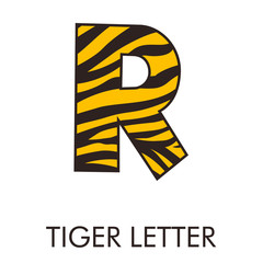 Logotipo letra R con patrón de piel de tigre en amarillo y marrón