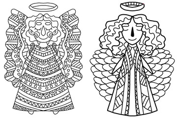 Angels coloring book page. Simple black and white outline illustration. Zentagle detailes picture of biblical persons. One of a series. 