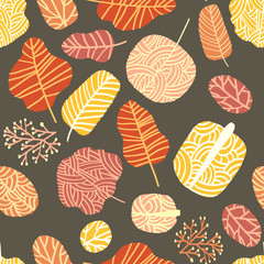 Fall forest seamless pattern. Simple flat autumn isolated elements on grey background.  Back to school endless background. Autumn orange and yellow and purple and white and pink trees. 