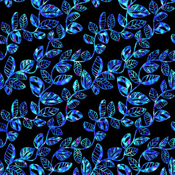 Ice snowy winter leaves seamless pattern. Textured endless blue branches on black background. For wallpaer, wrapping paper, background and textile. 