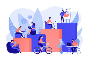 Office interior. People working in creative workspace on open space. Modern workplace, employee happiness, how to boost productivity concept. Living coral blue vector isolated illustration