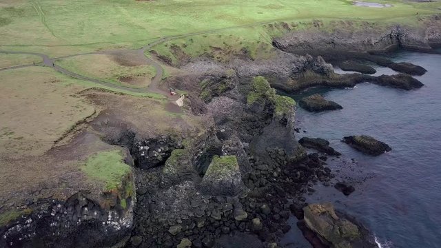 Aerial view of amazing rock formation on west coast of Iceland. Anrarstapi, west Iceland.