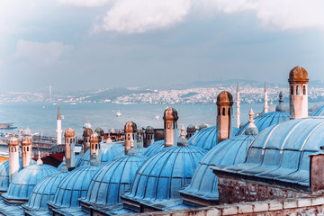 Beautiful view of the Golden Horn with place for text, Istanbul, Turkey. The roofs of the Suleymaniye Mosque close-up on the background of the panorama of Istanbul and the blue sea