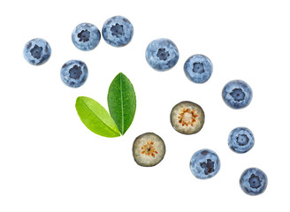 Fresh blueberries with leaves isolated on white background, top view.