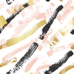 Abstract vector seamless pattern background, brush illustration. Pink, golden ink brush stripes texture