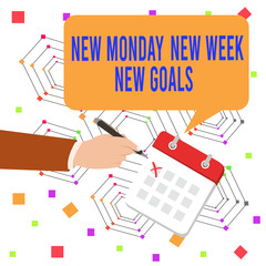 Conceptual hand writing showing New Monday New Week New Goals. Concept meaning showcasing next week resolutions To do list Formal Suit Crosses Off One Day Calendar Red Ink Ballpoint Pen