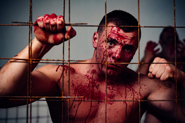Psychic disease. Murderer brutal aggressive guy. Halloween concept. Aggressive person. Strong...
