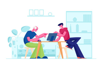 Young Son Teaching Father Sitting at Table How to Use Laptop. Grandson Help to Grandfather to Figure Out with New Technologies, Computer Education for Aged People. Cartoon Flat Vector Illustration