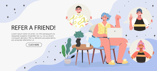 Vector illustration of a woman sitiing in armchair and working or chatting on her laptop. Refer a friend, refer and earn concept or refferal marketing strategy banner, landing page, ui, banner, flyer.