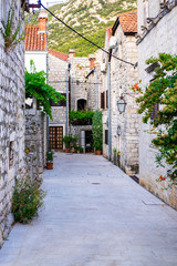 Fototapeta na wymiar Characteristic street with stone houses, picturesque small old town Mali Ston, Dalmatia, Croatia 