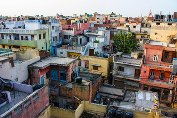 urban decay and view of roofs in delhi, india