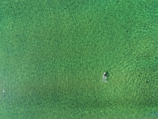Surfer on a surfing white surfing board, Aerial view, Water texture with ripples. Outdoor activity and sport concept, Copy space.