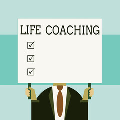 Writing note showing Life Coaching. Business concept for Improve Lives by Challenges Encourages us in our Careers Just man chest dressed dark suit tie holding big rectangle