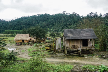 Old wooden house in one of the villages of Vietnam. Quan Binh Province