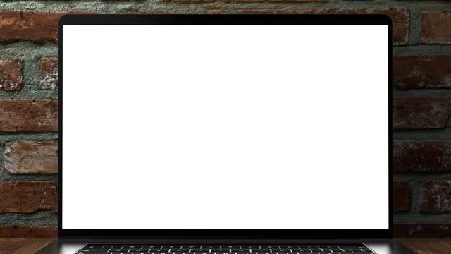 Laptop open with a blank screen template and with camera slide or zoom in from the laptop screen