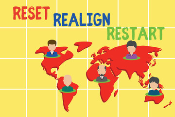 Word writing text Reset Realign Restart. Business photo showcasing Life audit will help you put things in perspectives Connection multiethnic persons all over world. Global business earth map