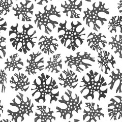 Black monstera leafes on white seamless pattern.