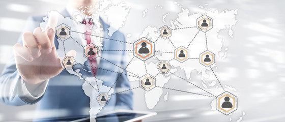 Social network with connected people 3D icons on map. Background for presentations.