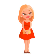 Nice blonde girl stands in heels in a red dress. In the hands of a handbag for ladies. There is a smile on his face. Vector cartoon isolated illustration.