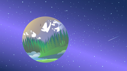 Planet earth on a background of starry space with a milky way galaxy. The ball shows mountains and forests. Vector illustration on the theme of ecology and environmental protection.