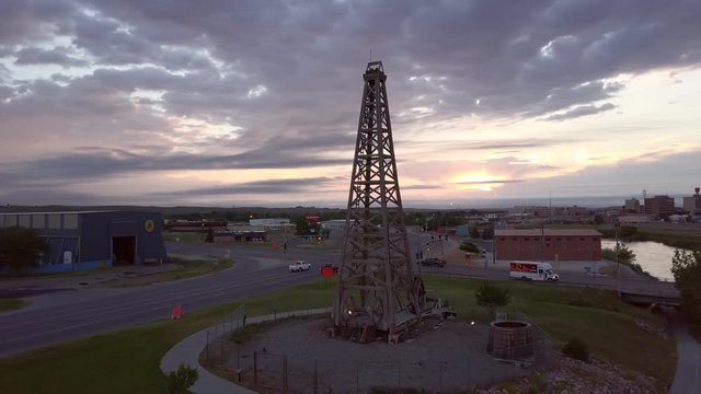 Drone footage of historic oil derrick in Casper Wyoming