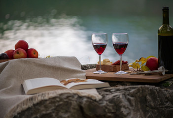 still life with wine and cheese on table