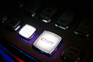 Casino. Gaming machine buttons. Inscriptions in Russian: payout, hold 1-5, rules, game selection, autostart, START, double, maximum bet, bet.