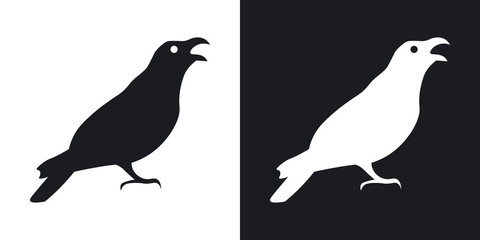 Raven or crow silhouette, halloween illustration. Two-tone vector icon on black and white background