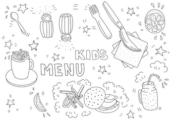 Black and white illustration for kids menu with burger, french fries, lemon, cocoa, smoothies in doodle style. Page of a children's coloring book. Blank A3 horizontal format