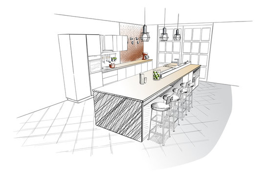 Interior sketch of modern kitchen with island.