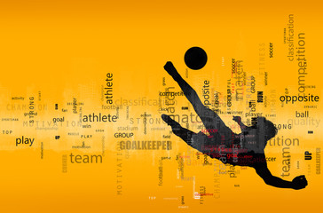 Football scene of a soccer player silhouette in action. Text effect in overlay with the most used terms. Abstract background