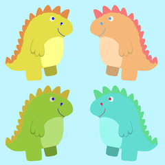 Set of four coloring smiling textured isolated dinosaurus. 