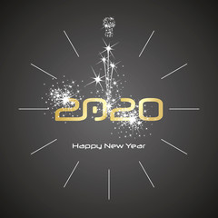 Happy New Year 2020 champagne firework clock gold shining numbers black background