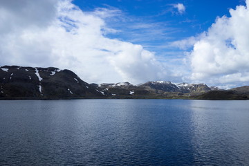 Beautiful fjord in sunny day. North Cape area, Norway.