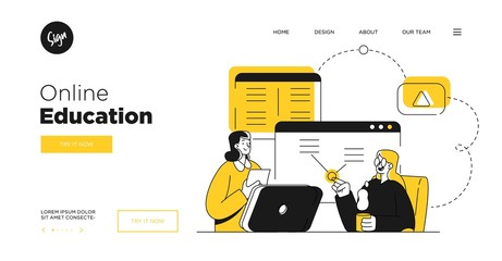 Presentation slide template or landing page website design. Business concept illustrations. Modern flat outline style. Online education courses