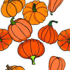 Vector seamless pattern of hand drawn Pumpkins. Background for use in design, cards and wallpapers.