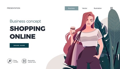 Online shopping landing page or banner template. Girl with shopping, packages. Flat Happy Female Character with Shopping Bags. Vector Illustration