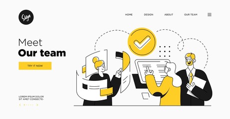 Presentation slide template or landing page website design. Business concept illustrations. Modern flat outline style. Teamwork concept