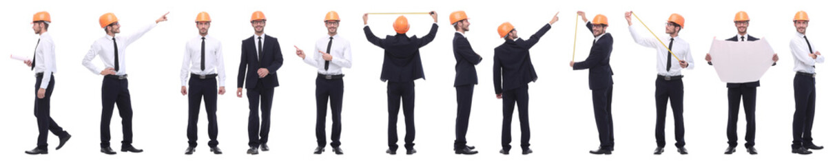 panoramic photo collage of confident architect isolated on white