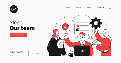 Presentation slide template or landing page website design. Business concept illustrations. Modern flat outline style. Teamwork concept