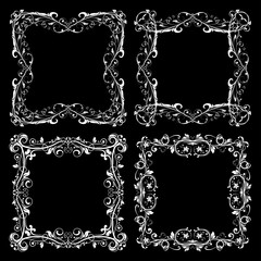 Floral frames set. Decorative square borders on black background