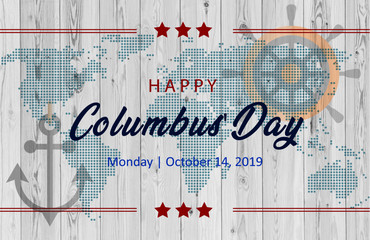 Happy Columbus Day Sailing ship floating on the sea waves lettering with rays bright color vector engraving illustration blue background sunny day beach sea ocean