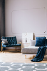 Petrol blue velvet armchair in stylish living room interior in trendy apartment