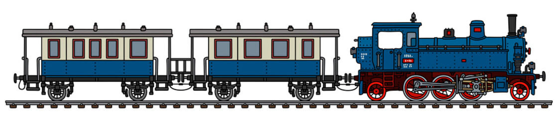 The vectorized hand drawing of a vintage blue passenger steam train