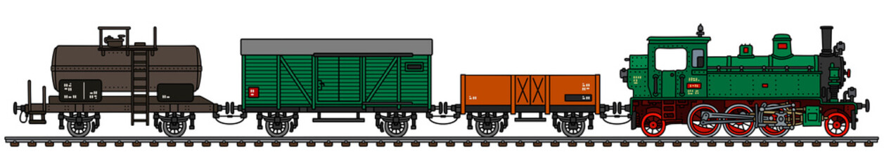 The vectorized hand drawing of a vintage freight steam train
