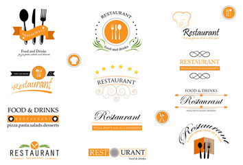 Food And Restaurant Logo Set - Isolated On White Background. Vector Illustration For Cook, Chef, Kitchen, Bar, Hat, Fork And Knife Logo. Restaurant And Food Logo For Bistro, Cook Elements And Labels