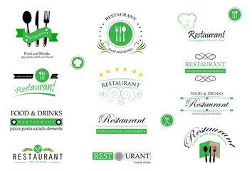 Food And Restaurant Logo Set - Isolated On White Background. Vector Illustration For Cook, Chef, Kitchen, Bar, Hat, Fork And Knife Logo. Restaurant And Food Logo For Bistro, Cook Elements And Labels