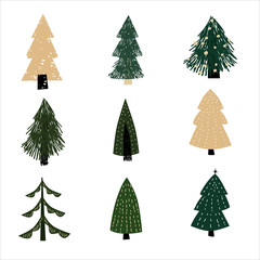 Set Christmas forest tree fir-tree icon. Simple doodles black white illustration in scandinavian style