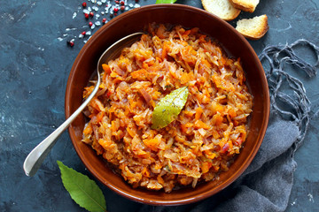 Vegetarian bigos - traditional Polish dish. Top view with copy space. Healthy food concept.
